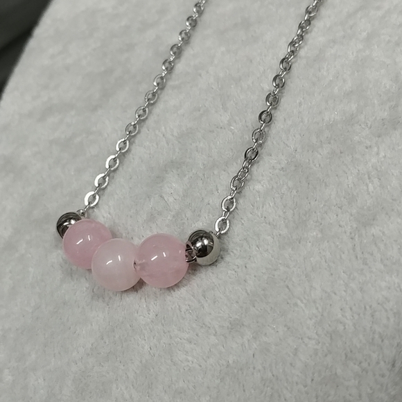 Rose Quartz Three Bead Necklace Natural Gemstone Crystal Stainless-Steel Chain - Picture 9 of 11